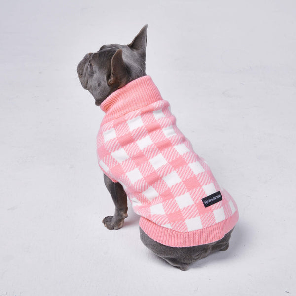 Pink Checkered Knit Dog Sweater